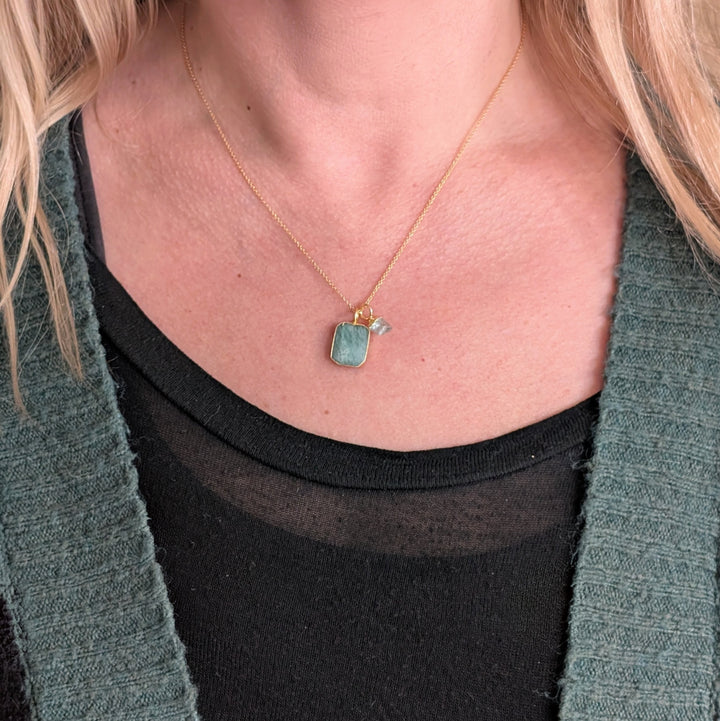 An 18 carat gold plated rectangular slice pendant with amazonite gemstone pendant necklace