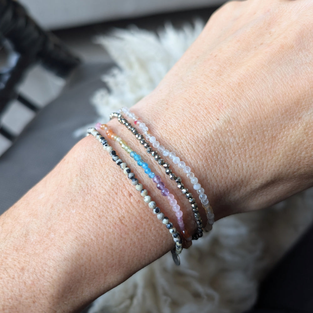 rainbow, citrine, pyrite and dalmatian jasper 2mm faceted bead bracelet set 