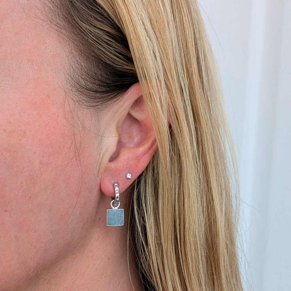 sterling silver aquamarine square charm hoop earrings