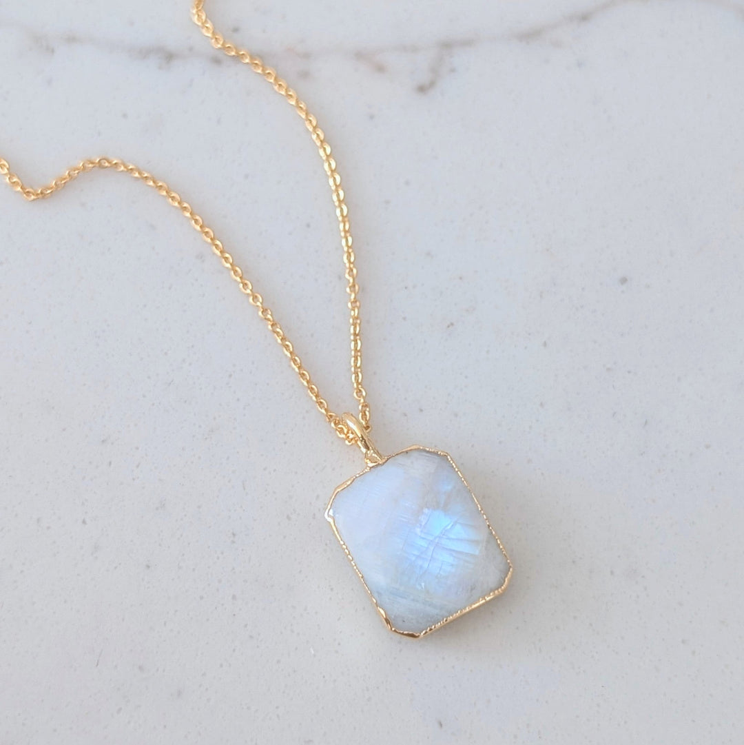 Gold plated sterling silver rectangular moonstone pendant necklace 
