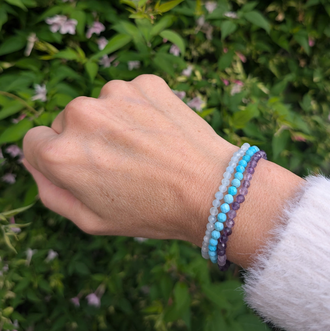 Create Calm Gemstone bracelet Set.  Amethyst, aquamarine and turquoise gemstone bracelets.