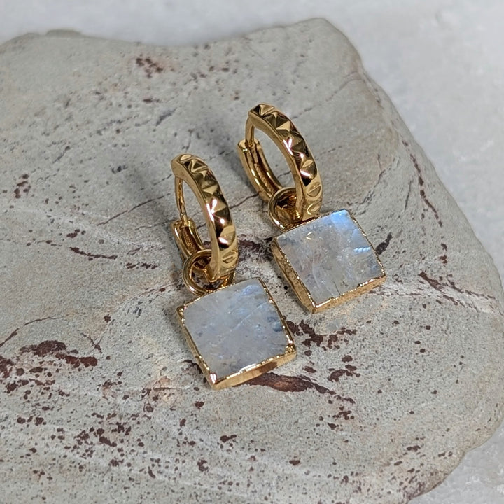 gold moonstone square charm gemstone hoop earrings