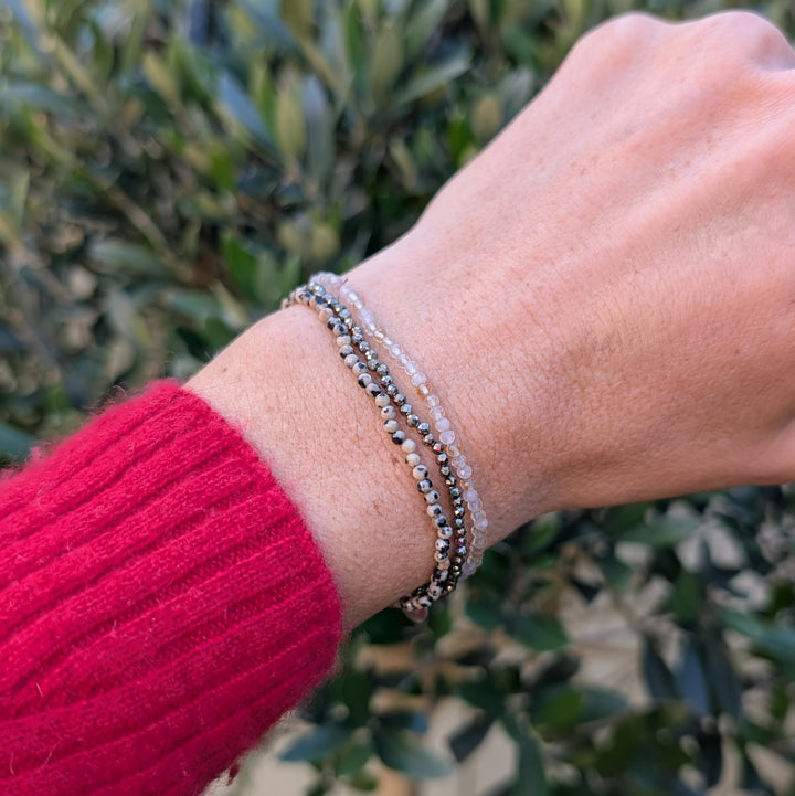 "Live your best life" 2mm faceted gemstone beaded bracelet set comprising dalmatian Jasper, citrine and pyrite 2mm gemstone bracelets 