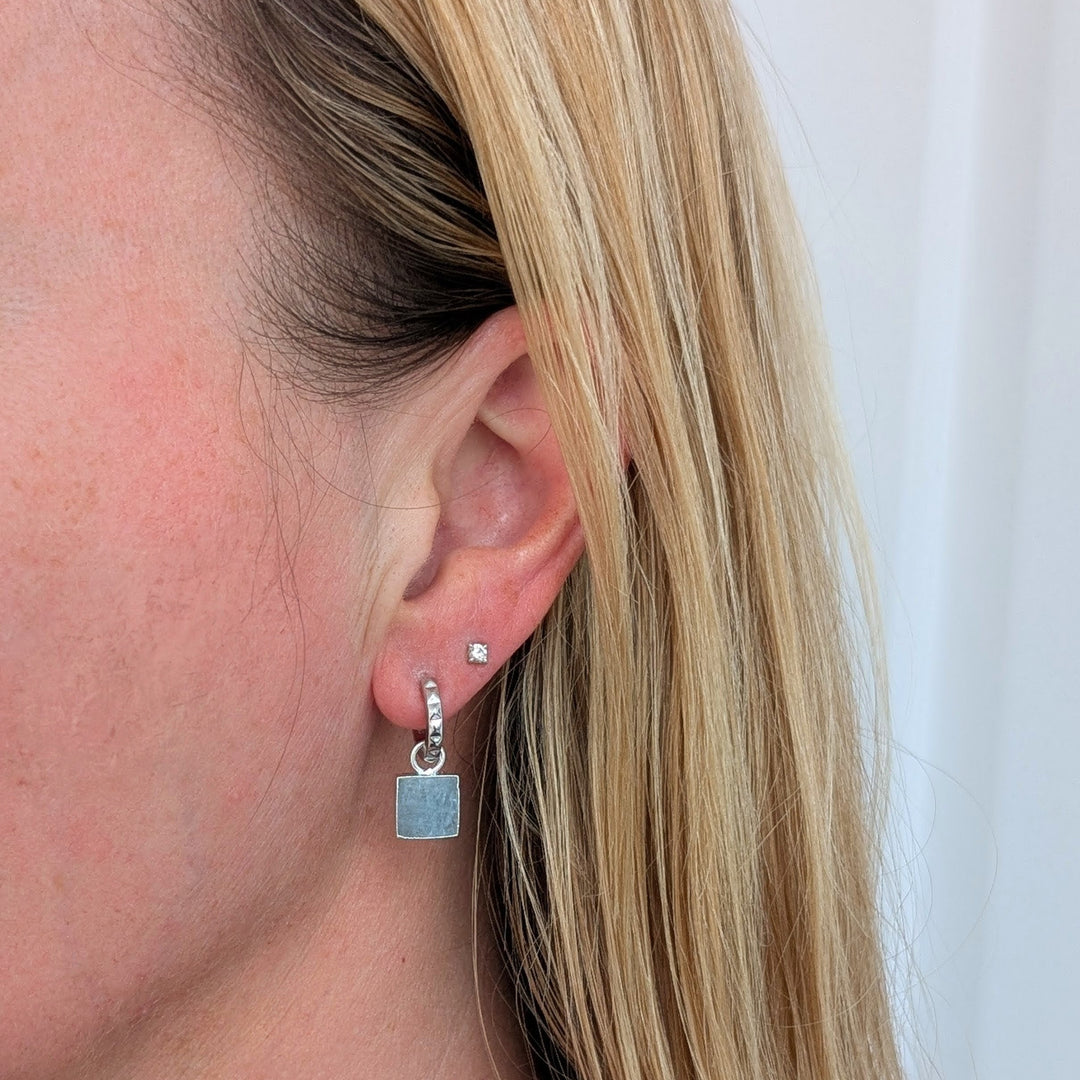 silver aquamarine square charm earrings