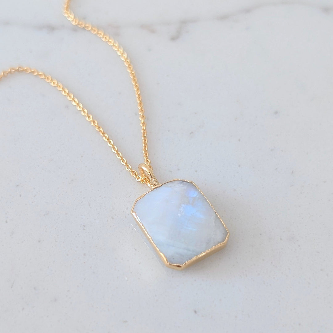 Gold plated sterling silver rectangular moonstone pendant necklace 