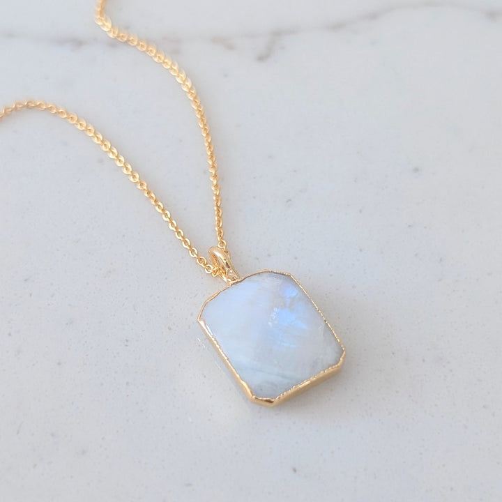Gold plated sterling silver rectangular moonstone pendant necklace 