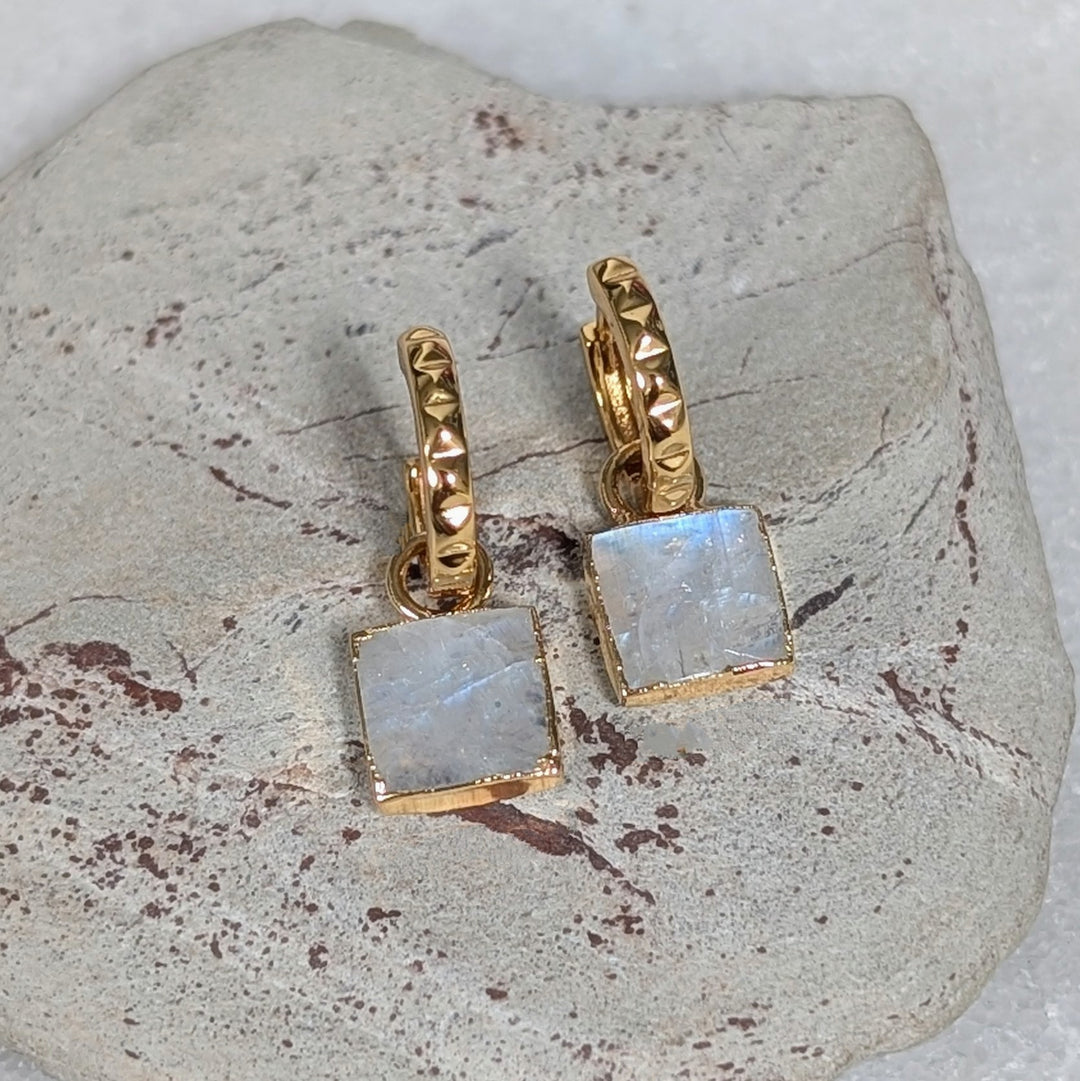 gold moonstone square charm gemstone hoop earrings