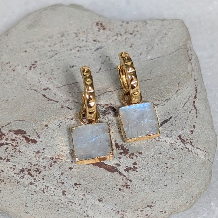 gold moonstone square charm gemstone hoop earrings