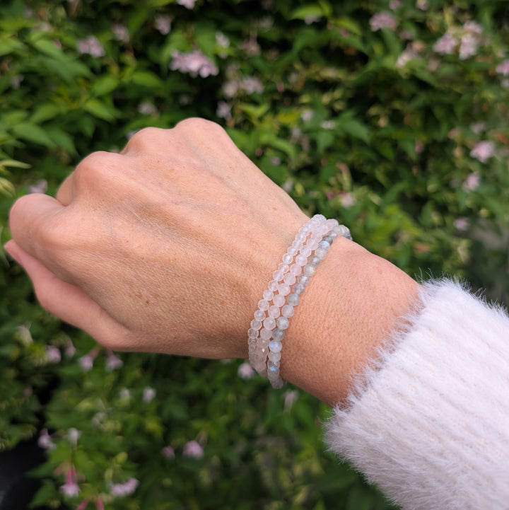 celebrate motherhood gemstone bracelet set. rose quartz, moonstone and labradorite gemstone bracelets. 