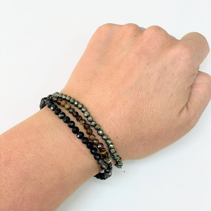 Lapis London - Strength, Confidence and Protection Gemstone Bracelet Set.  Pyrite, Tiger's Eye and Obsidian Gemstone Bracelets. 