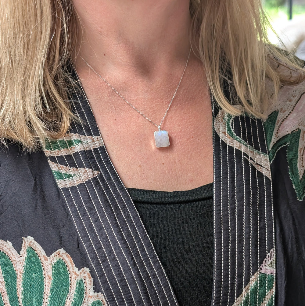 sterling silver moonstone rectangular pendant necklace
