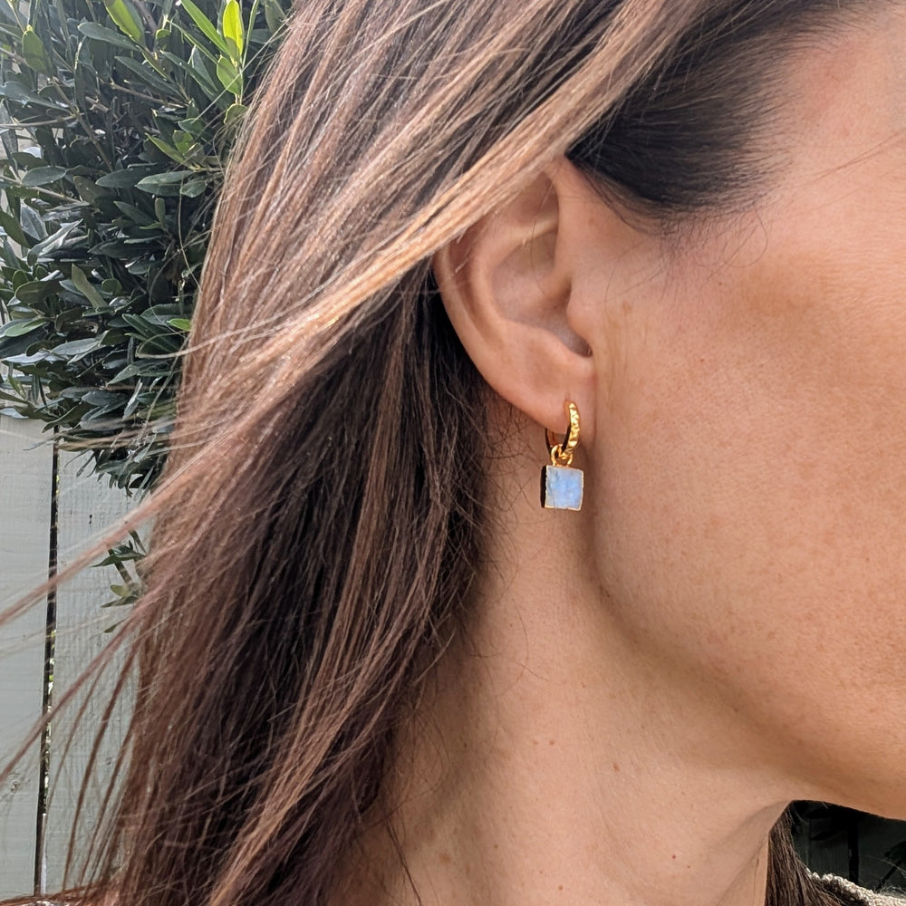 gold moonstone square charm gemstone hoop earrings