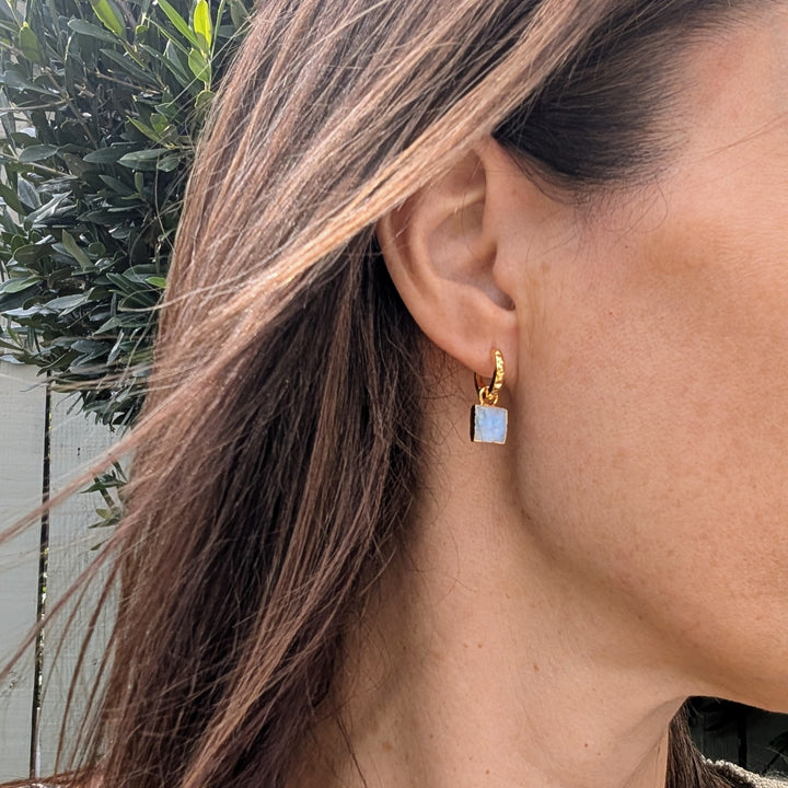 gold moonstone square charm gemstone hoop earrings