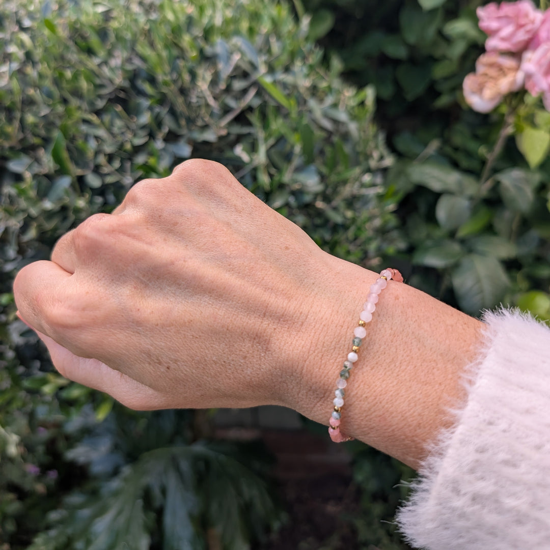 rose quartz, rhodonite and moss agate Taurus zodiac gemstone bracelet 
