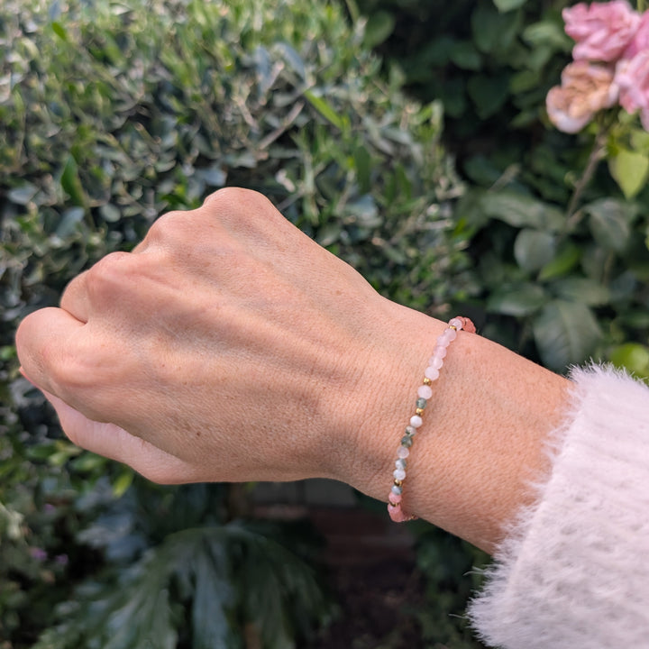 rose quartz, rhodonite and moss agate Taurus zodiac gemstone bracelet 