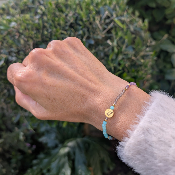 Amazonite, Amethyst and Smokey Quartz Virgo Zodiac Gemstone Bracelet 