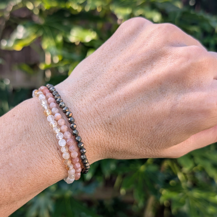 Lapis London Wellbeing and Happiness Re-energise, Rebalance and Revitalise Gemstone Bracelet Trio  - Hues of the Sun.  Pyrite, citrine and sunstone gemstone bracelets.