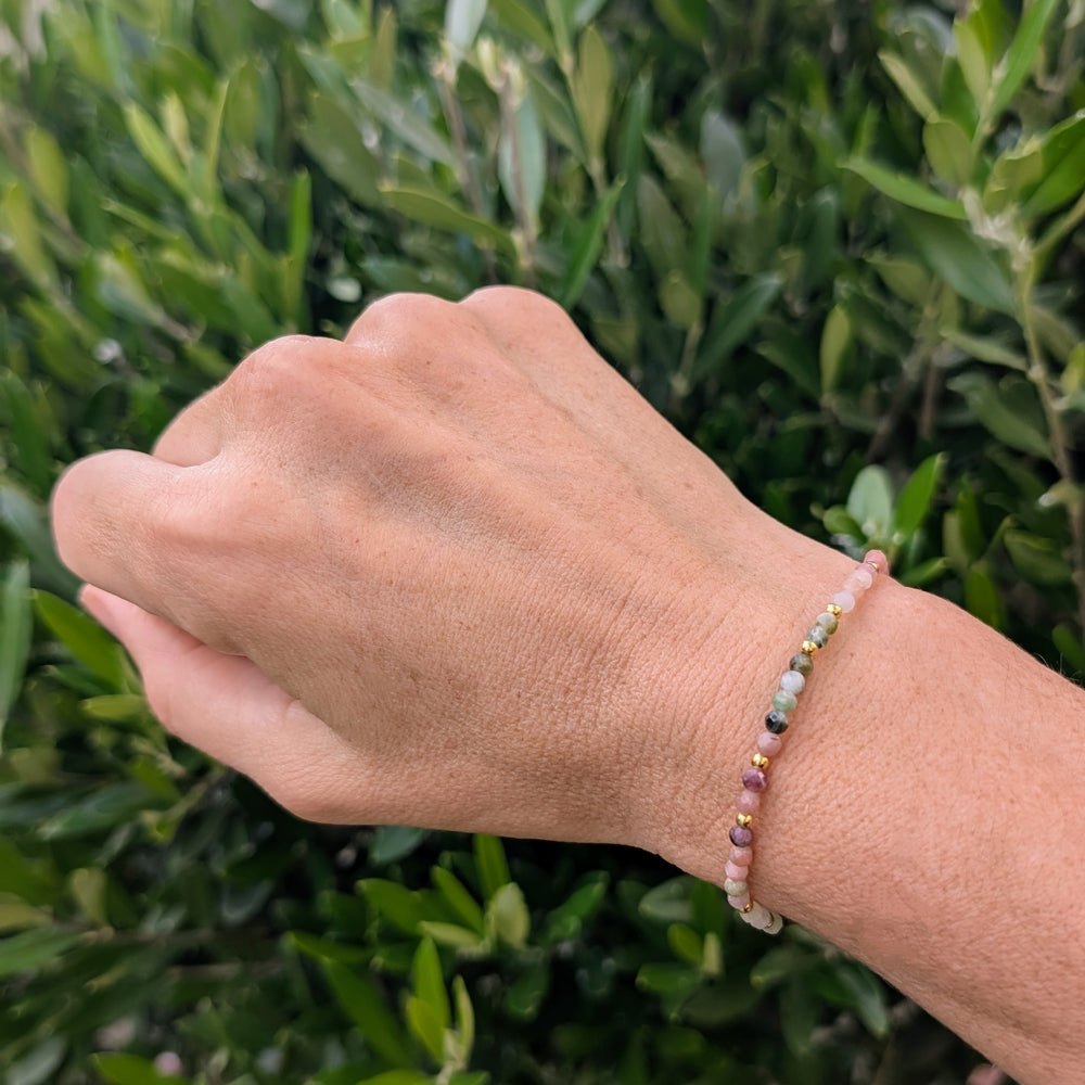 Watermelon tourmaline and gold bead bracelet 