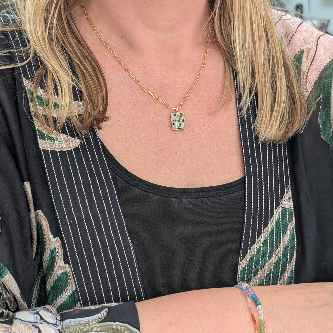 gold plated sterling silver dalmatian jasper rectangular pendant necklace 