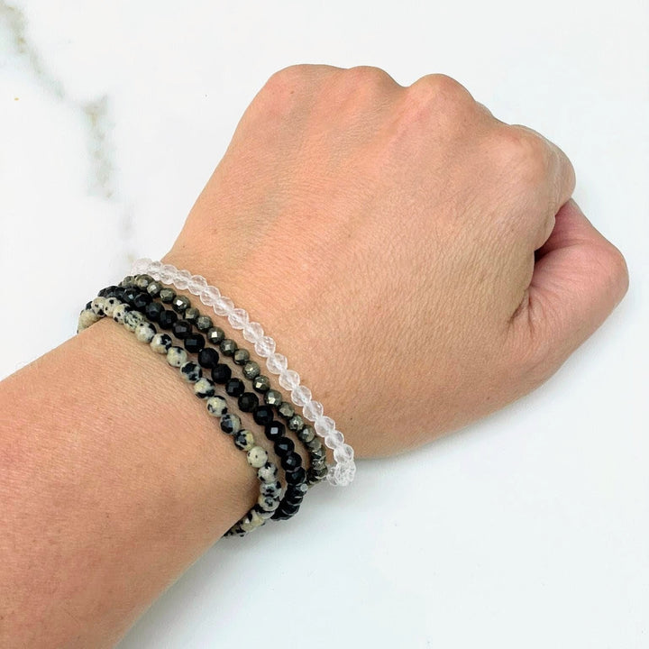 Health and Immune Boost Gemstone Intention Bracelet Set.  Clear Quartz, Pyrite, Dalmatian Jasper and Obsidian gemstone bracelets.