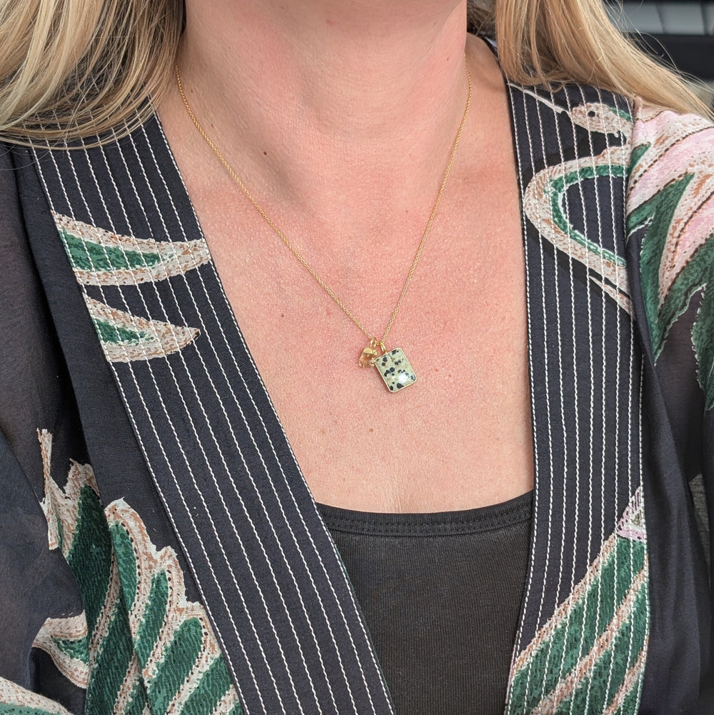 Dalmatian Jasper Rectangular pendant necklace with citrine charm