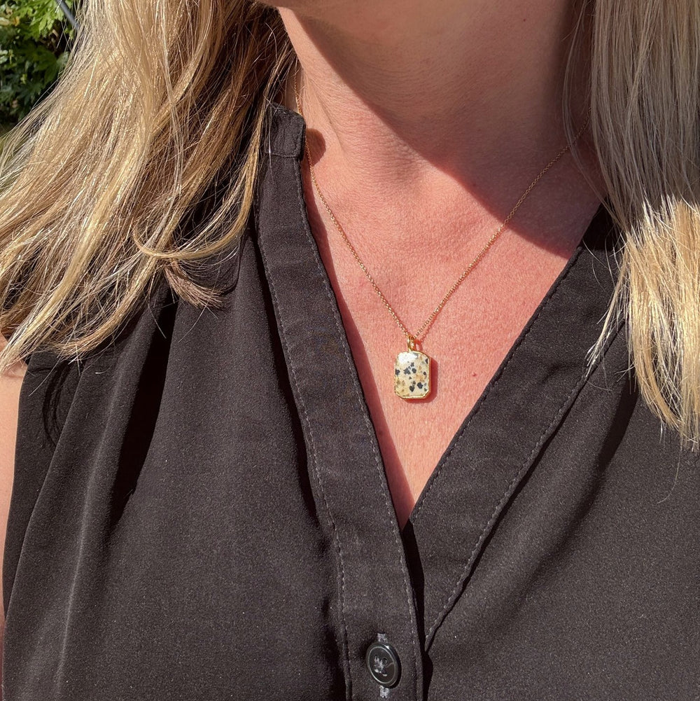 Gold plated sterling silver Dalmatian jasper rectangular pendant necklace 