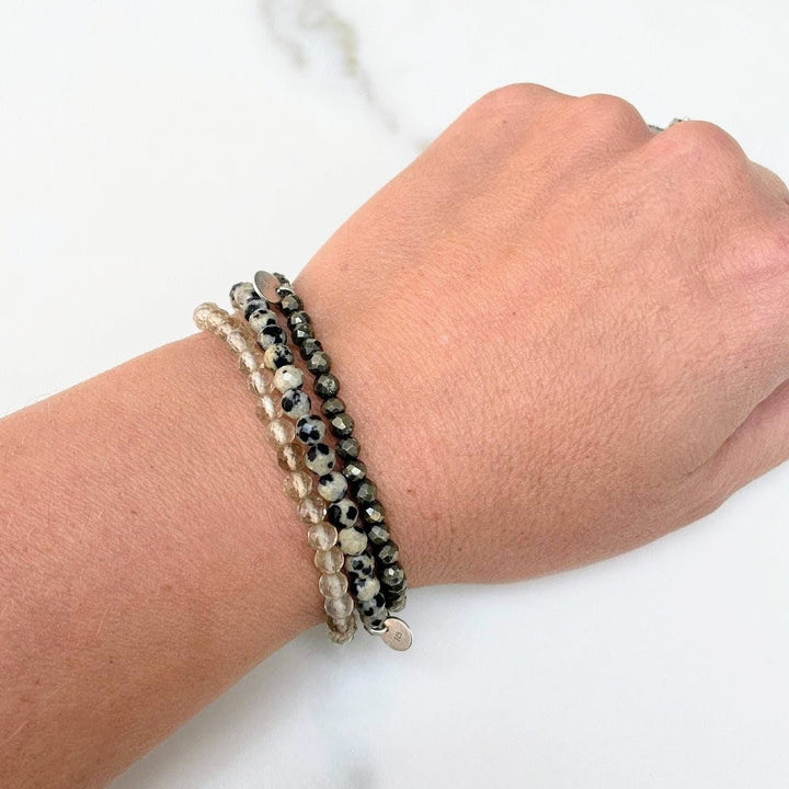 Live your best life gemstone intention bracelet set.  Dalmatian jasper, citrine and pyrite gemstone bracelets. 