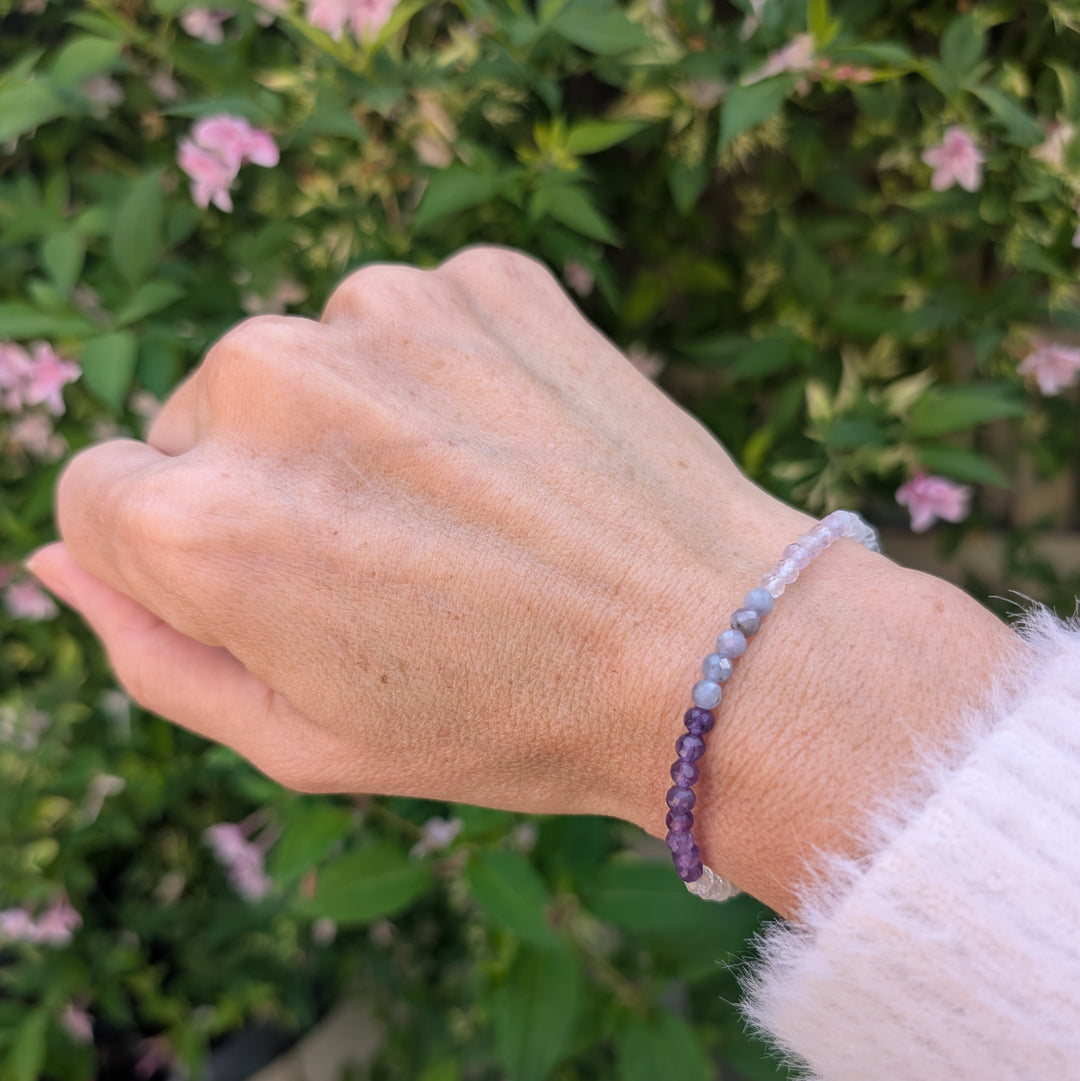 clear quartz, tanzanite and clear quartz purple ombre gemstone bracelet