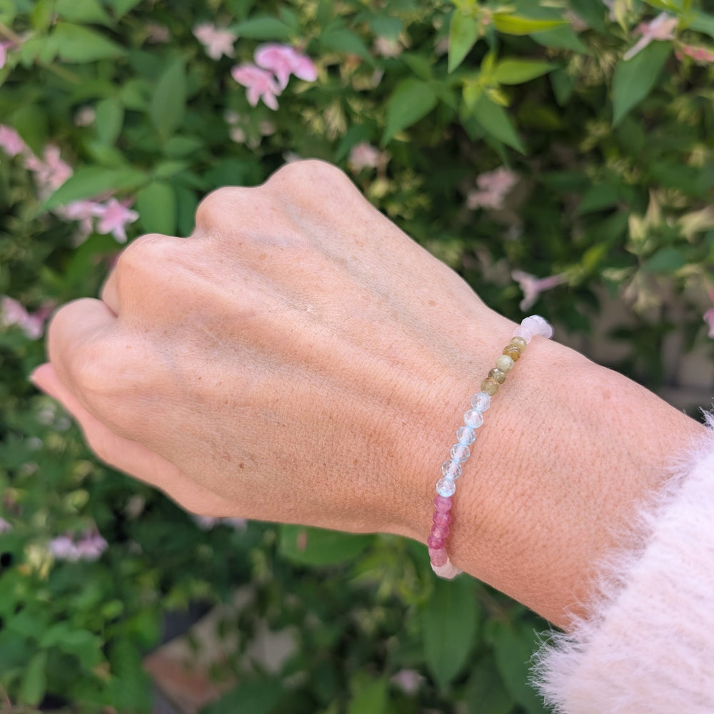 rose quartz, pink tourmaline, blue topaz and peridot friendship gemstone bracelet 
