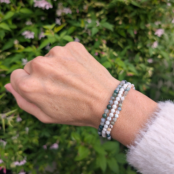 Inner Peace, Balance, Grounding and Abundance Gemstone Bracelet set - Tree Agate, Moss Agate and White Howlite