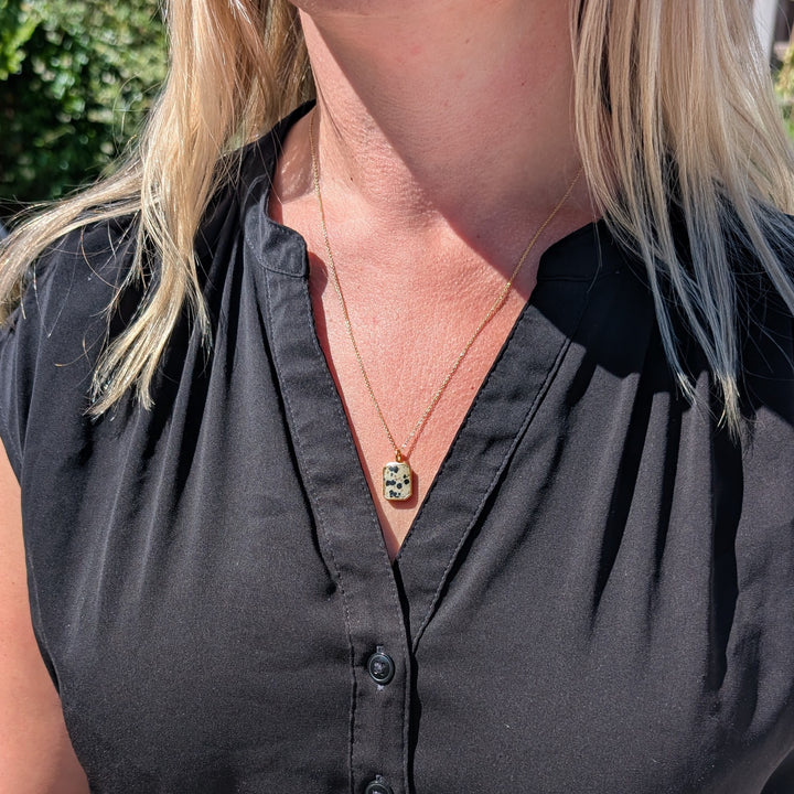 Gold plated sterling silver Dalmatian jasper rectangular pendant necklace 