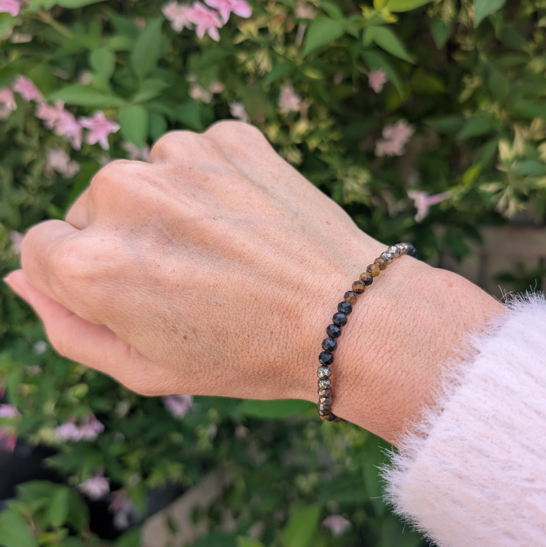 pyrite, tigers eye and obsidian gemstone bracelet