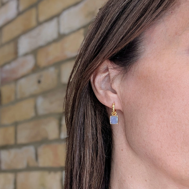 gold moonstone square charm gemstone hoop earrings