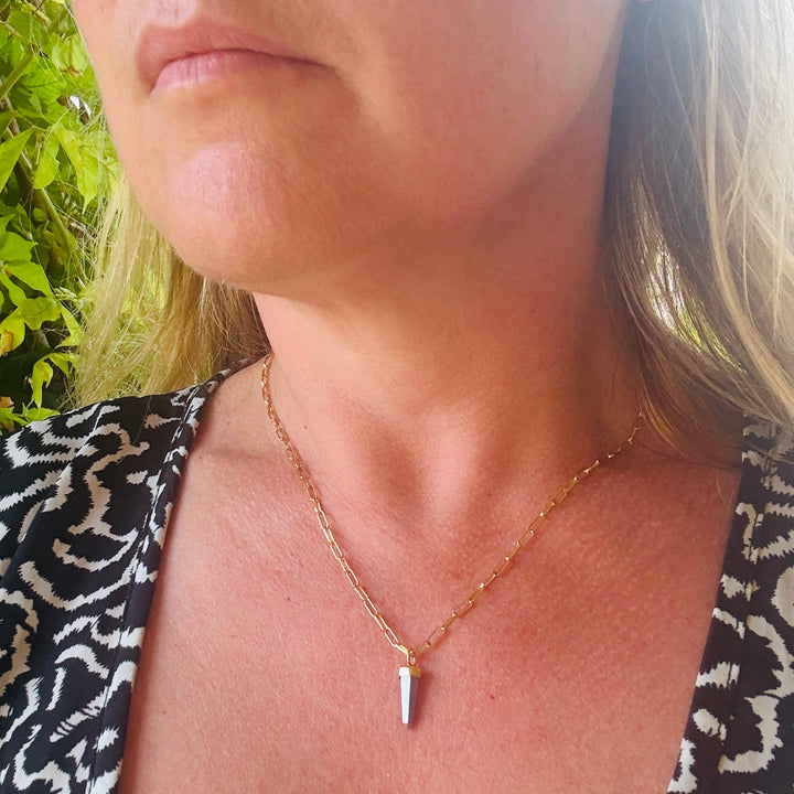 gold pyrite spike gemstone pendant on paperclip chain necklace