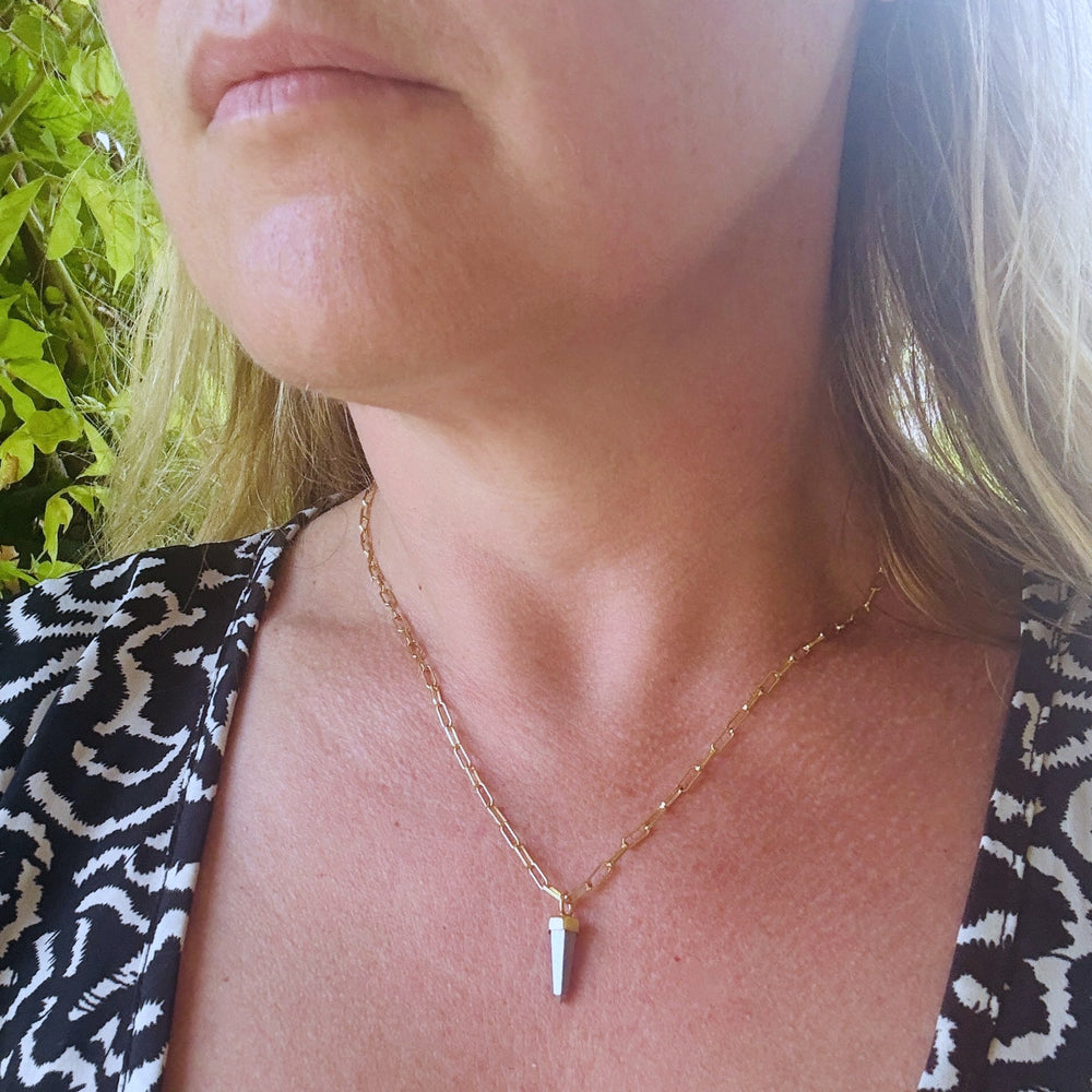 gold paperclip necklace with pyrite gemstone point pendant