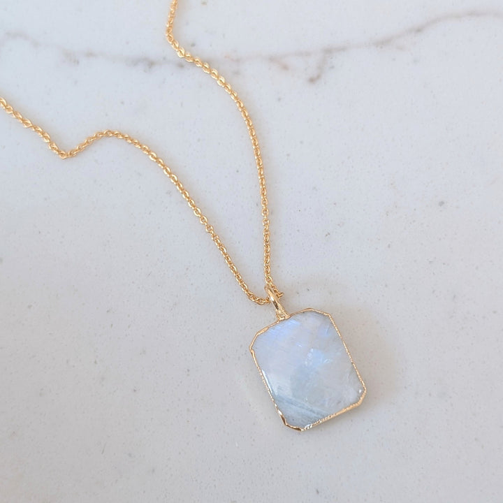 Gold plated sterling silver rectangular moonstone pendant necklace 