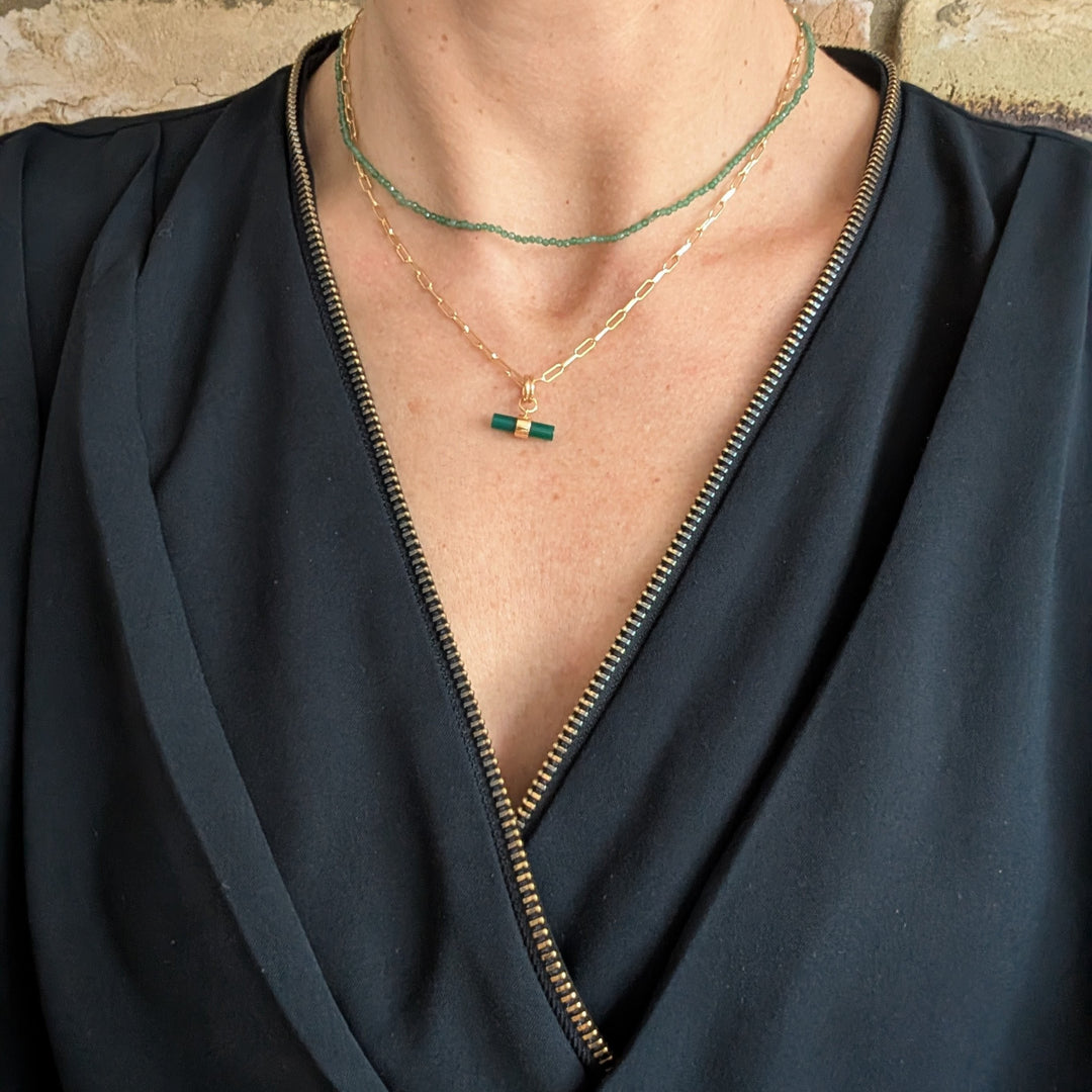 gold green onyx t-bar necklace layered with a green aventurine beaded necklace 