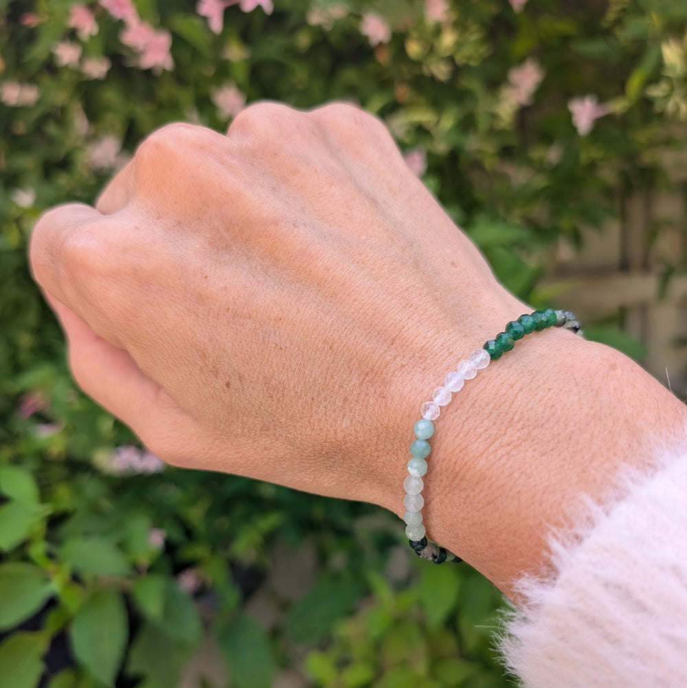 clear quartz, moonstone, emerald, jade and green aventurine green ombre gemstone bracelet 