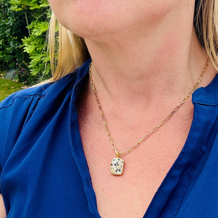 gold plated sterling silver dalmatian jasper rectangular pendant necklace 