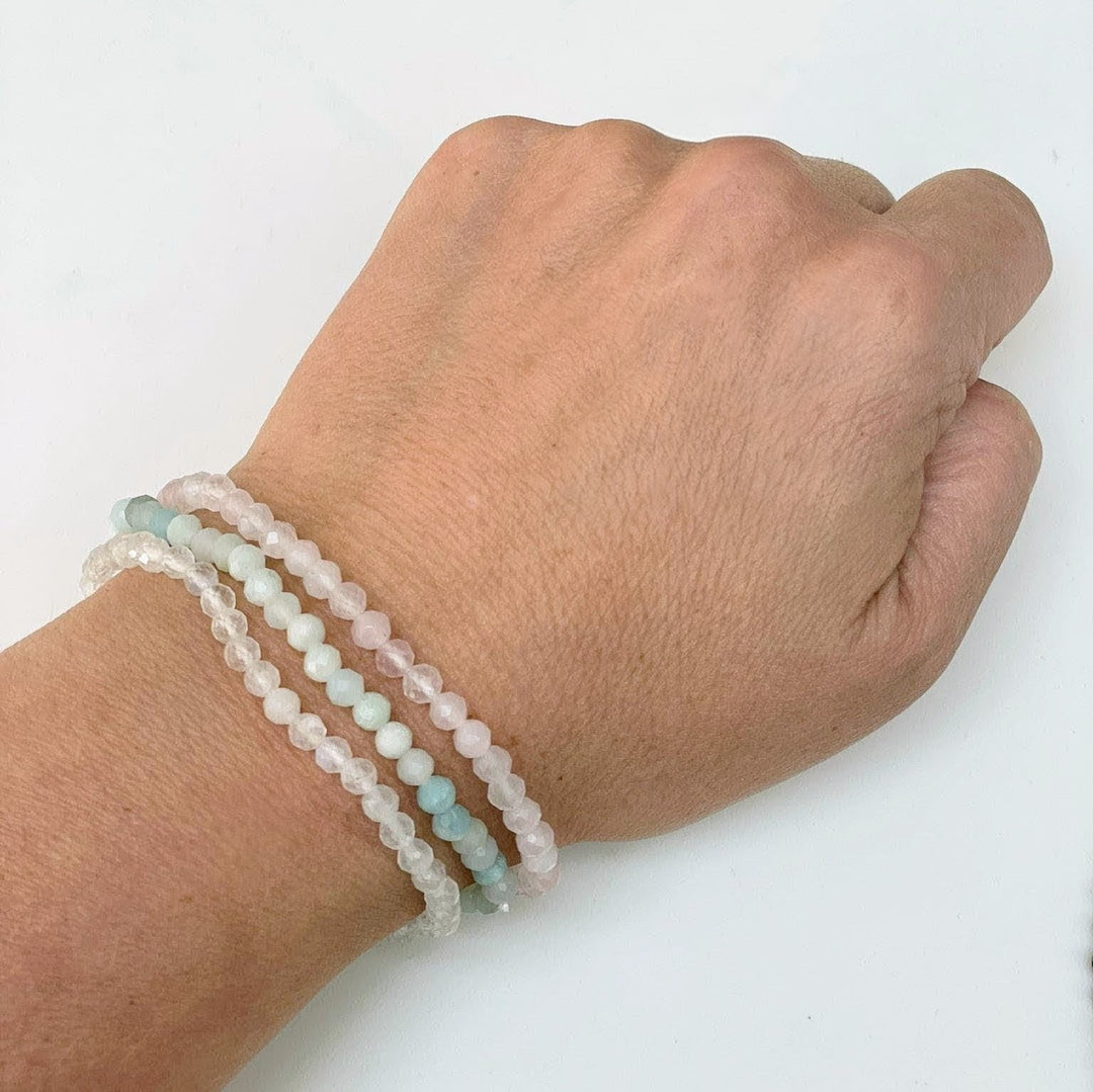 Create Love and Joy Gemstone Intention Bracelet Set.  Amazonite, Rose Quartz and Moonstone gemstone bracelets. 