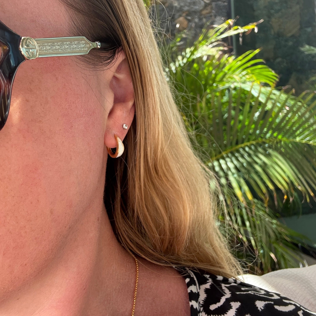 gold opal crescent hoop huggie earrings