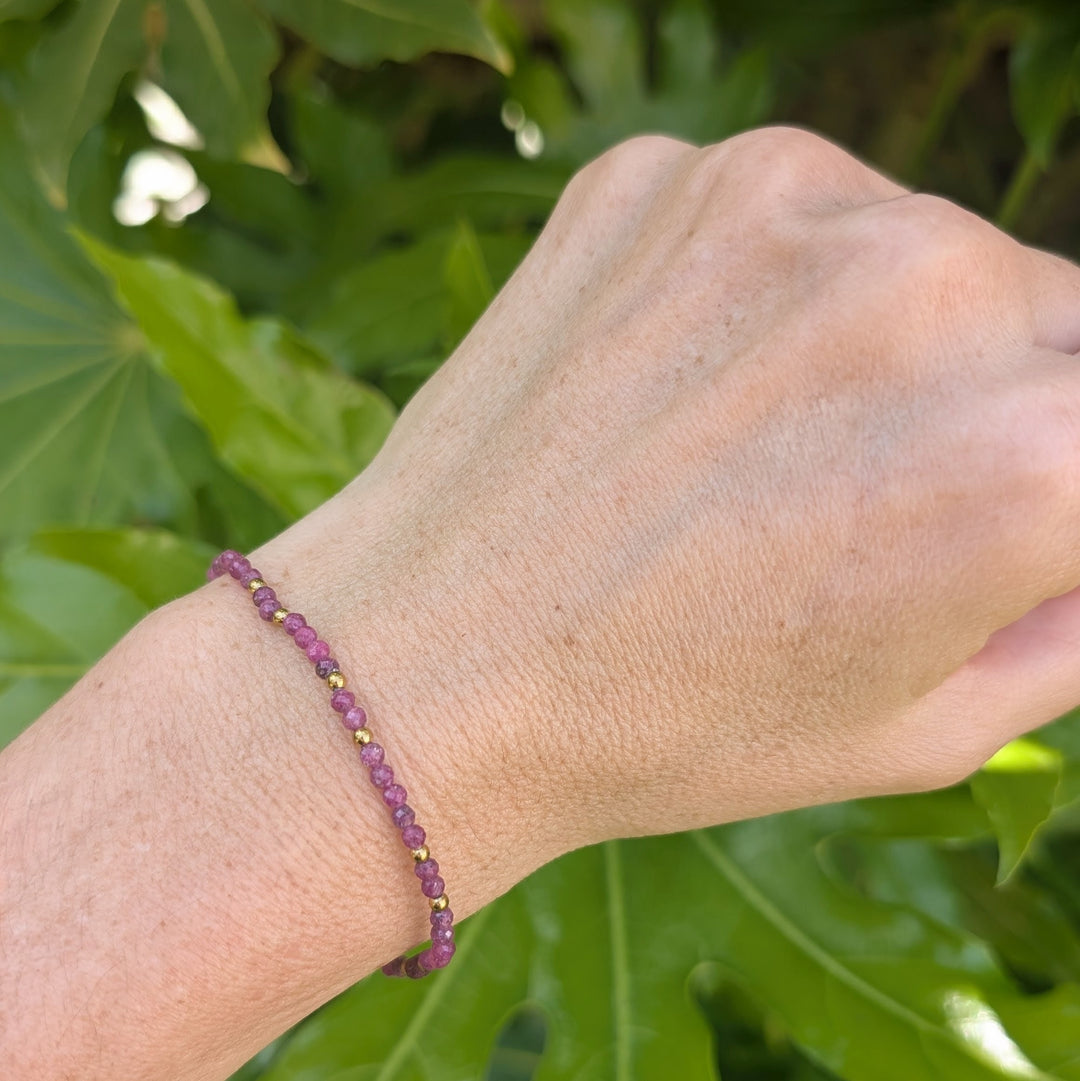 Ruby July birthstone gemstone and gold bead bracelet 