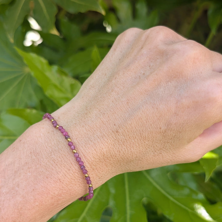 Ruby July birthstone gemstone and gold bead bracelet 
