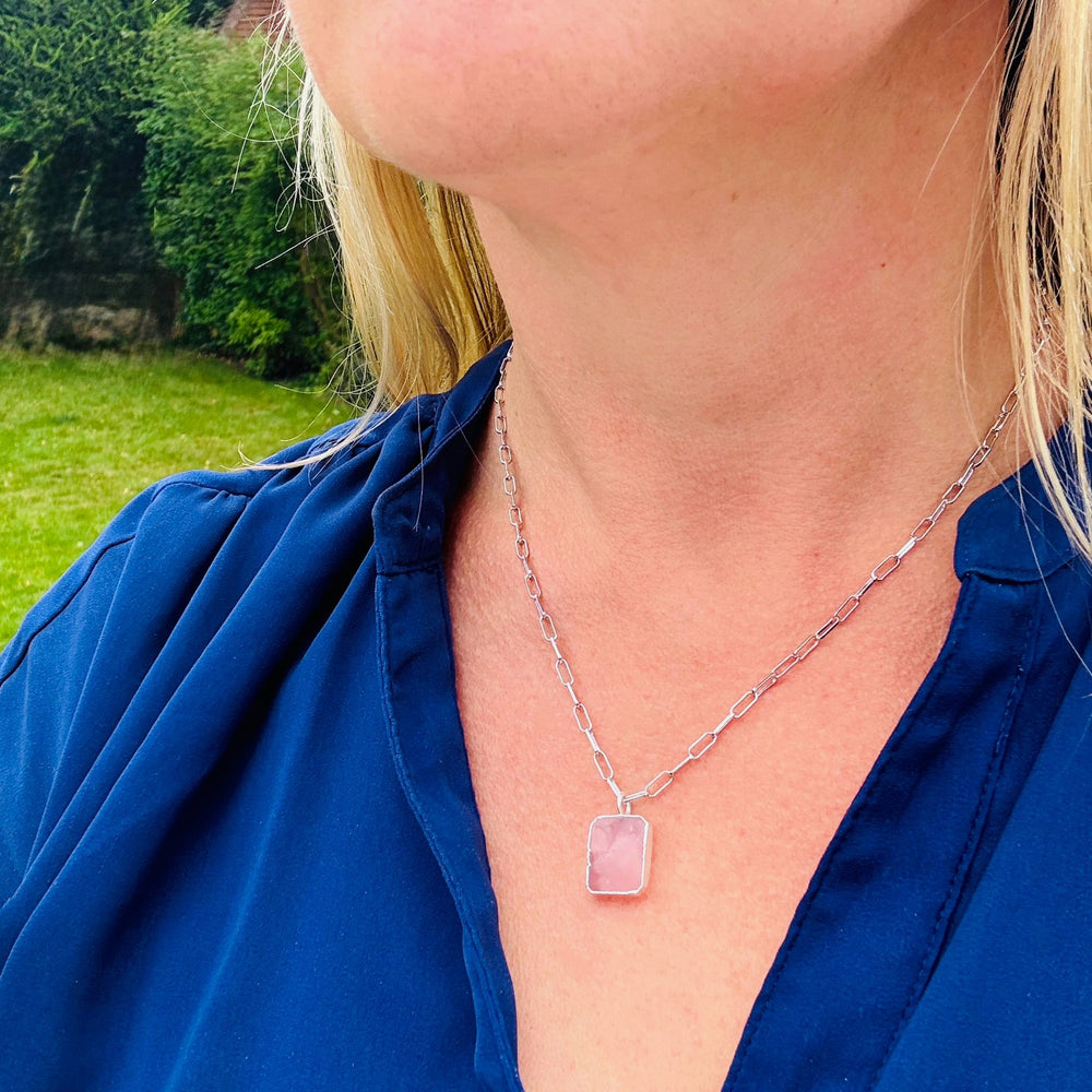 sterling silver rose quartz rectangular pendant necklace