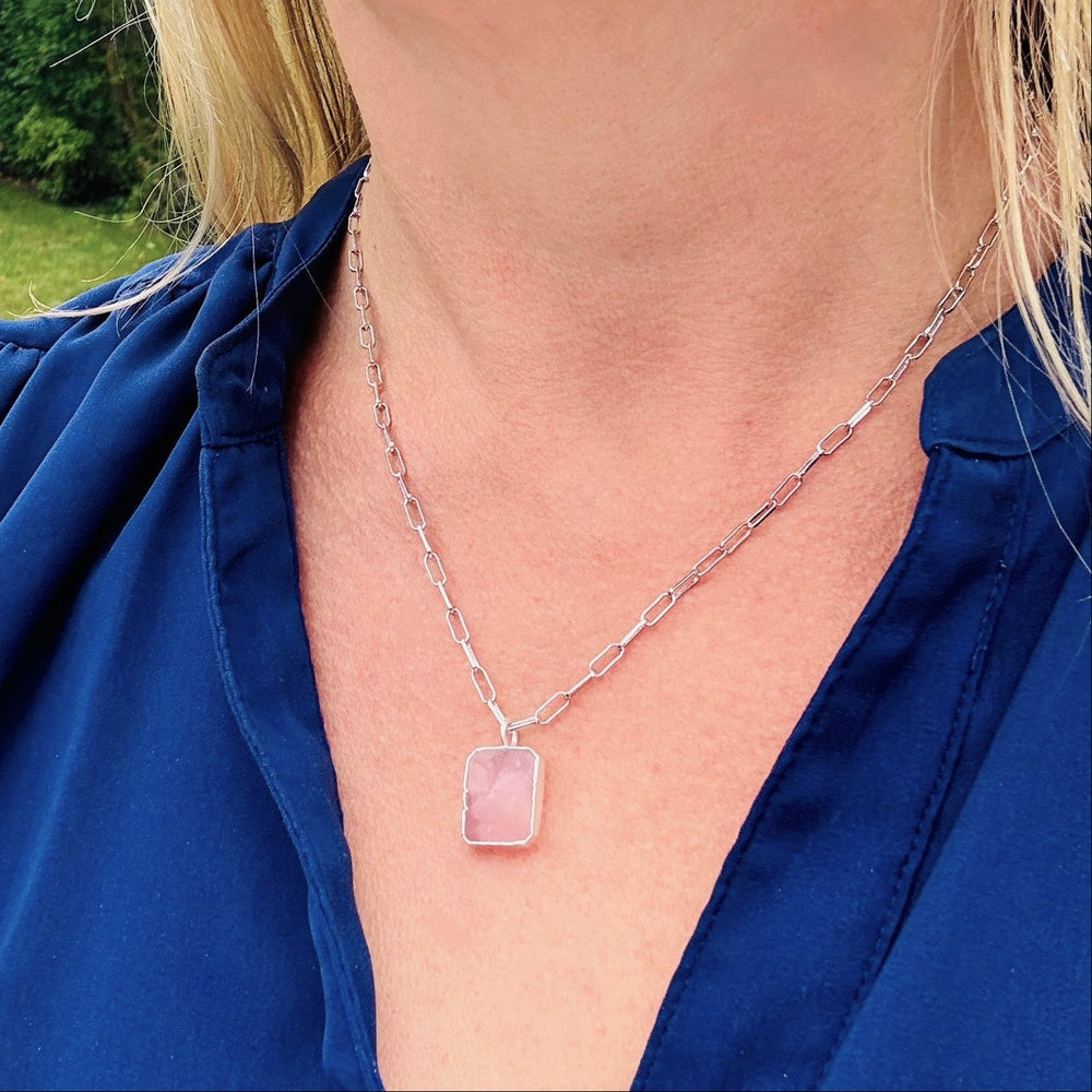 sterling silver rose quartz rectangular pendant necklace