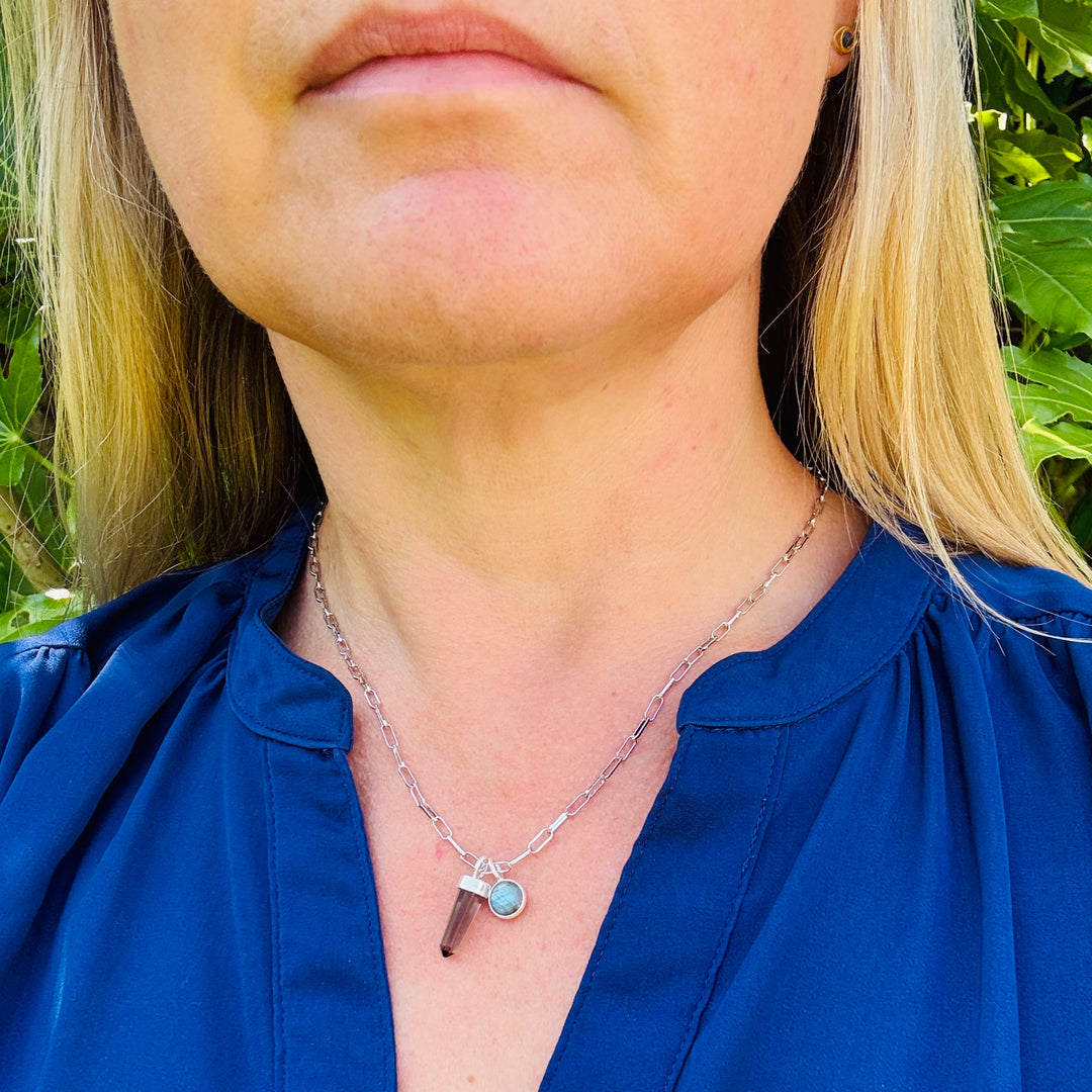 sterling silver smokey quartz spike  and labradorite charm gemstone pendant necklace 
