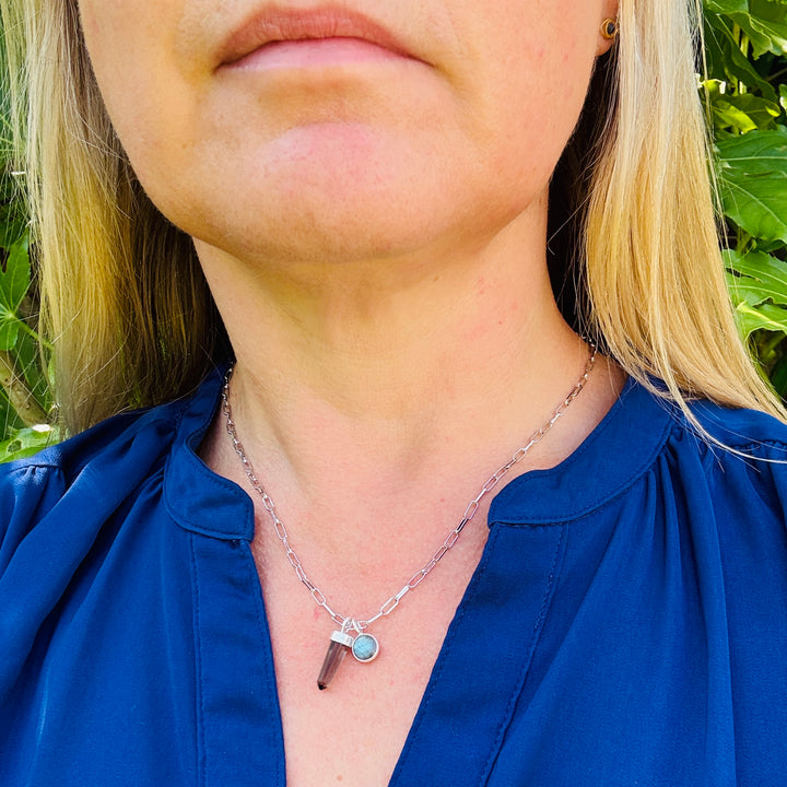 sterling silver smokey quartz spike  and labradorite charm gemstone pendant necklace 