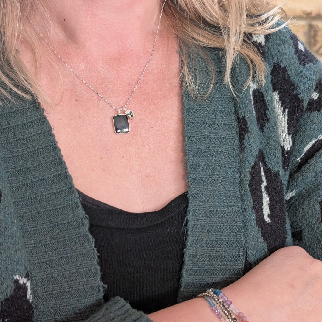 silver black tourmaline and dalmatian jasper pendant necklace 