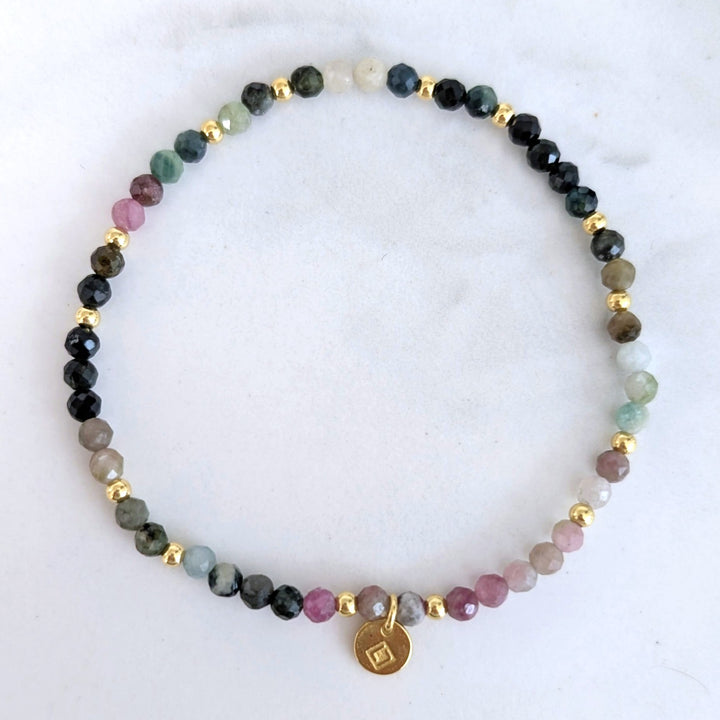 watermelon tourmaline and gold bead bracelet