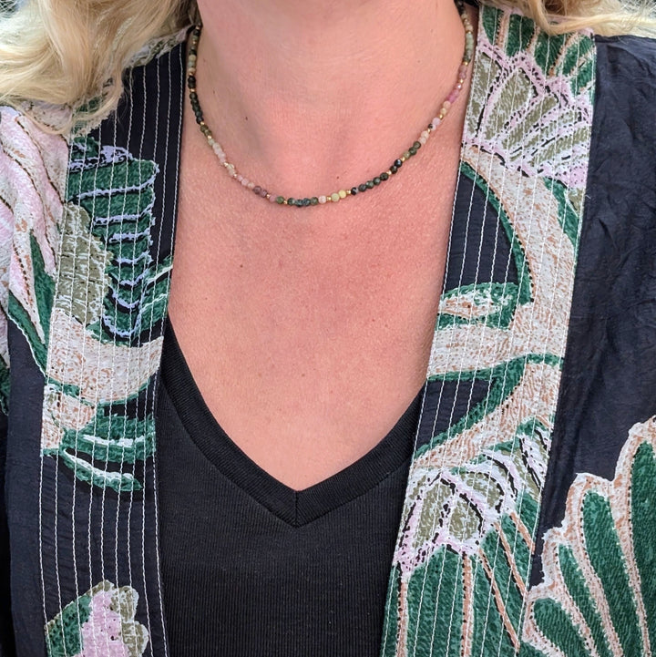 watermelon tourmaline gemstone and gold bead necklace